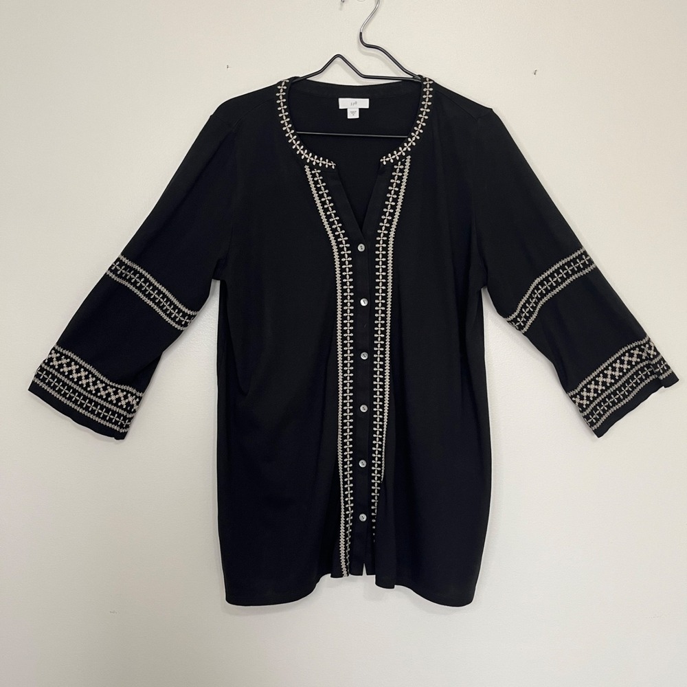 J Jill Black EmbroideredTunic Top Women's M Artsy Teacher Everyday Classic